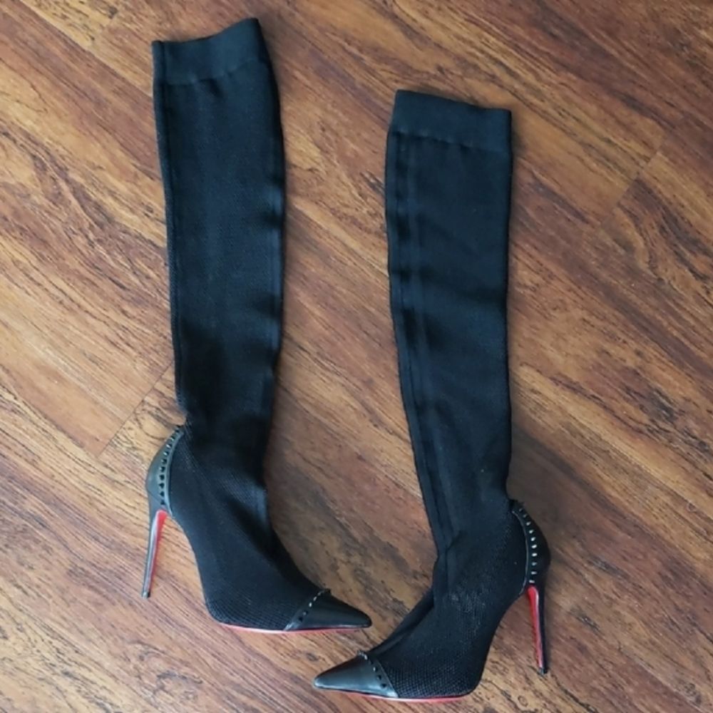 Christian Louboutin Black Studded Mesh Knee High Boots Size 38.5 - Picture 2 of 9